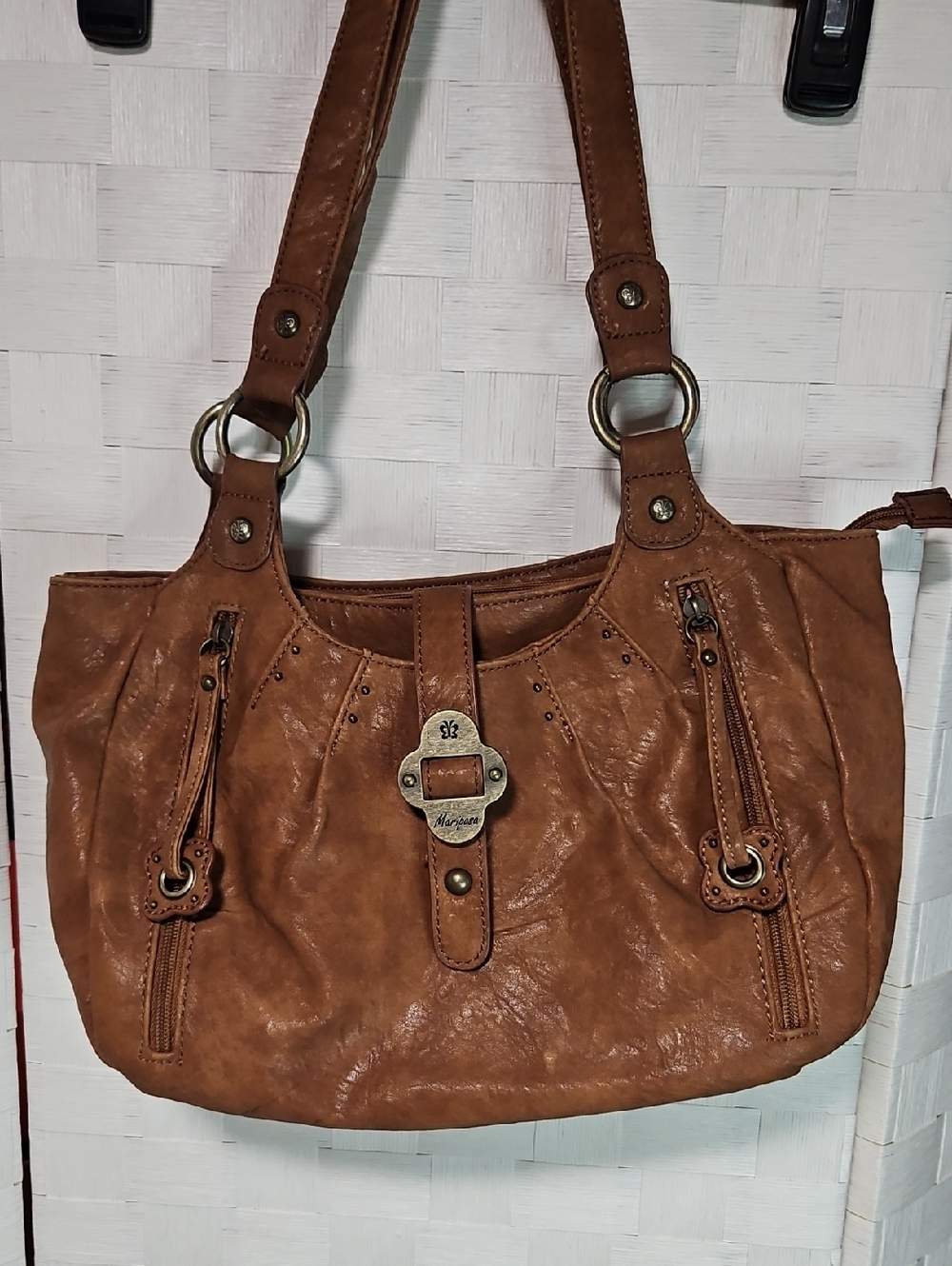 Mariposa Chestnut Brown Faux-Leather Shoulder Bag with Decorative Buckle